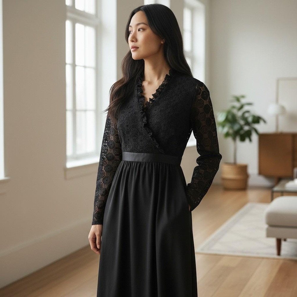Vintage 80s Black Lace Maxi Dress Women XL Long Sleeve Formal Church Modest Goth
